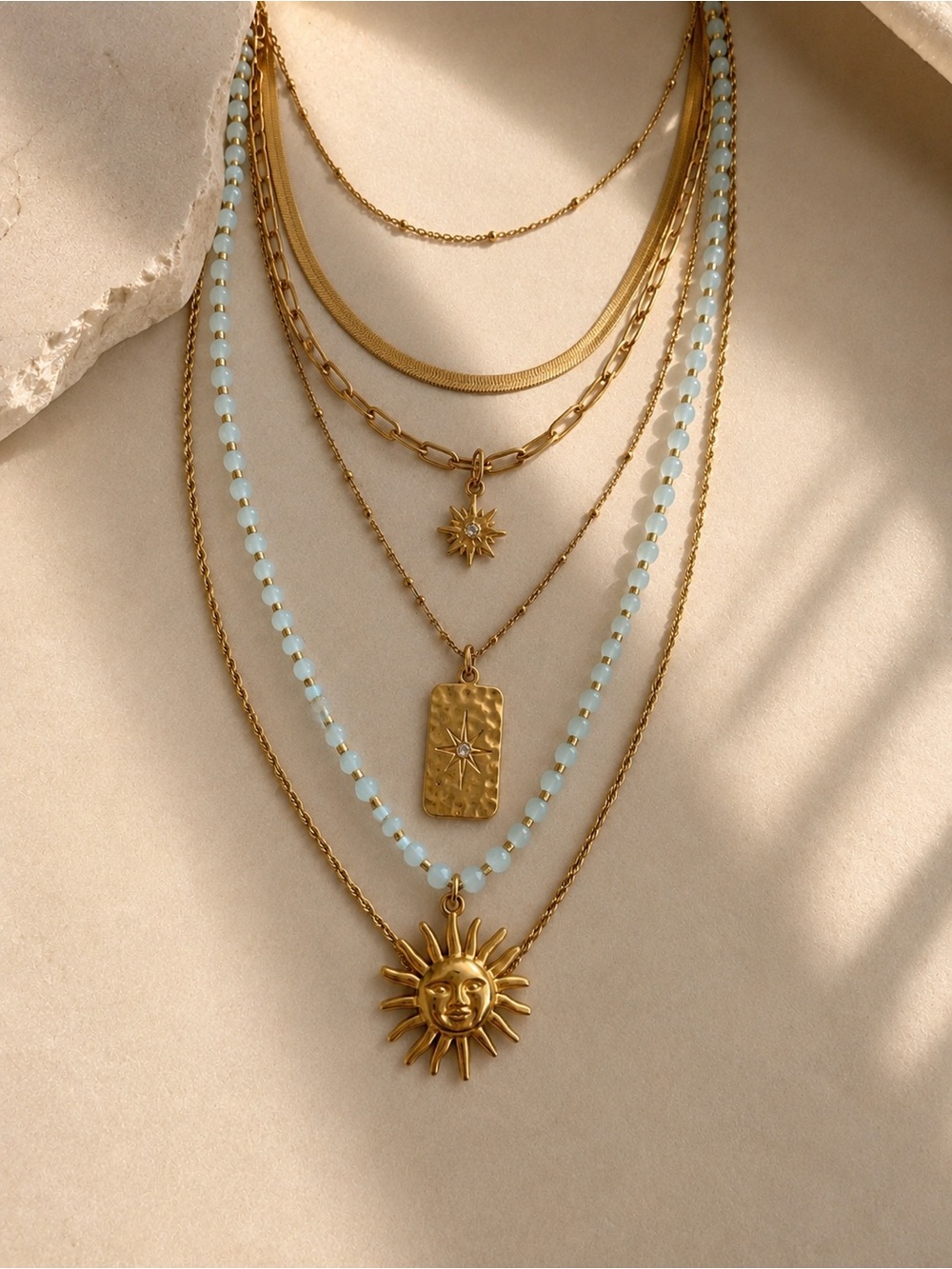 Golden Sun Pendant Necklace with Pale Aqua Beads - Picture 3 of 8